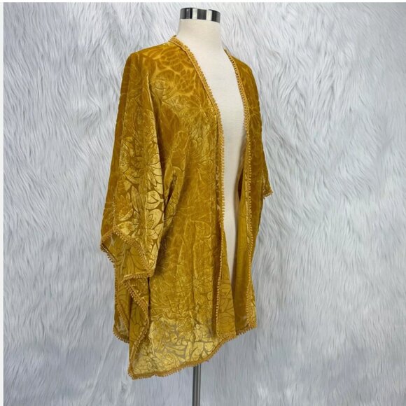 Natural Life Burnout Velvet Open Kimono Top Golden Yellow Boho Fairy Festival - Picture 7 of 14